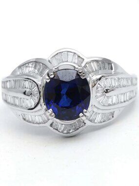 Royal Blue Sapphire 14K White Gold (18K Custom) Baguette Diamond Ring